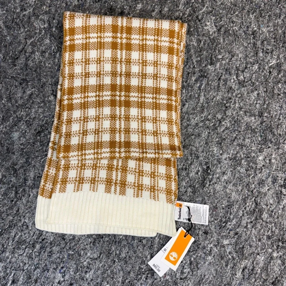 Timberland‎ Mens Plaid Knit Scarf Wheat Cream Acrylic Winter Scarf NWT